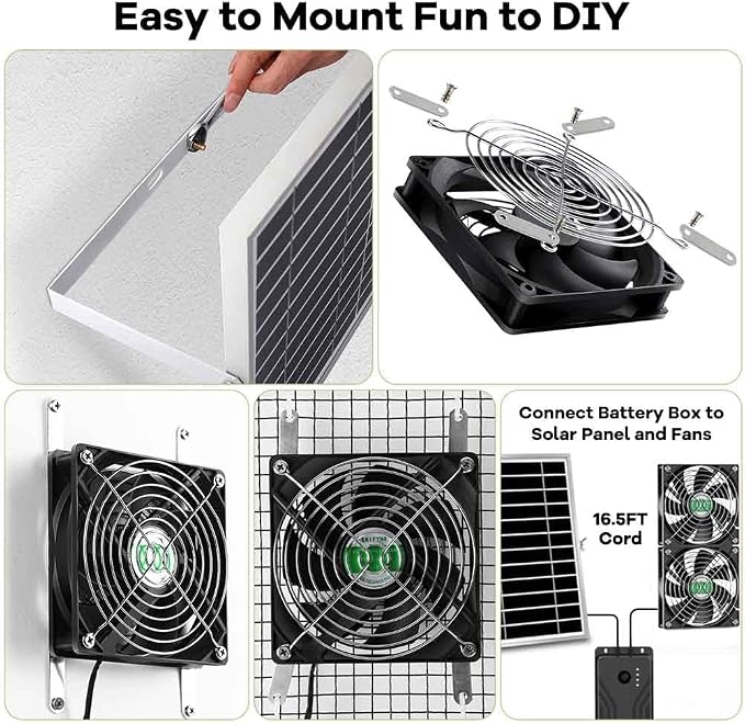 Solar Powered Fan with Battery, Rechargeable Solar Fan for Chicken Coop, Greenhouse, Shed, Outside with Two IPX7 Waterproof Exhaust Intake Fans 16.5Ft On/Off Switch Cable