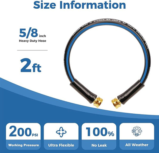 SheeChung Short Garden Hose 2ft x 5/8",Water Hose for Hose Reel Faucet,Flexible,Lightweight Rubber Hose with Female to Female Fittings,Small Leader Hose Heavy Duty,Kink Free,3/4"GHT