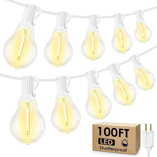 Larkvue 100FT Outdoor String Lights, LED Patio Lights with 32 Waterproof Shatterproof Dimmable A39 Hanging Bulbs(2 Spare) for Garden Wedding-White