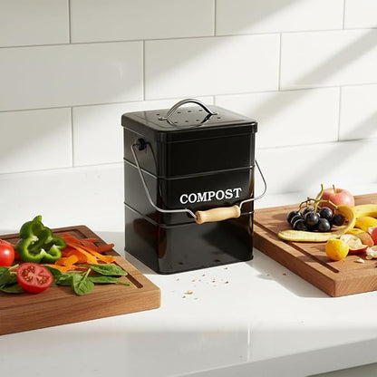 Compost Bin Kitchen Countertop Indoor Compost Pail Bucket, Great for Food Scraps, Carbon Steel, Handles, Black, 1 Gallon - Includes Charcoal Filter