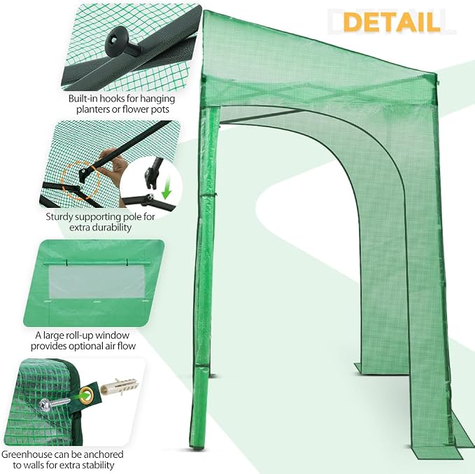 EAGLE PEAK 10x5 Portable Walk in Greenhouse, Pop Up Indoor Outdoor Greenhouse, Green House Kit with Zippered Roll-Up Doors and Windows, Lean-to Design, PE Cover, Clear/Green
