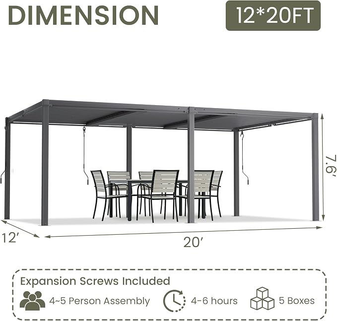 Louvered Pergola 12'x20' Outdoor Pergola with Roof, Heavy Duty Aluminum Frame, Hardtop Gazebo with Adjustable Louvers for Patio, Deck and Backyard, Gray