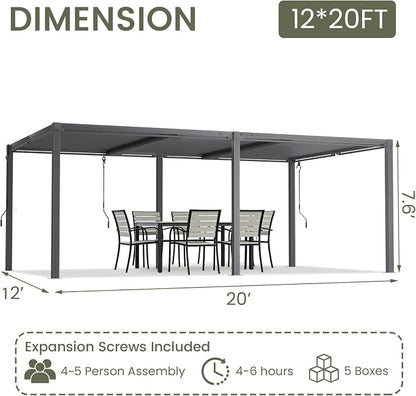 Louvered Pergola 12'x20' Outdoor Pergola with Roof, Heavy Duty Aluminum Frame, Hardtop Gazebo with Adjustable Louvers for Patio, Deck and Backyard, Gray
