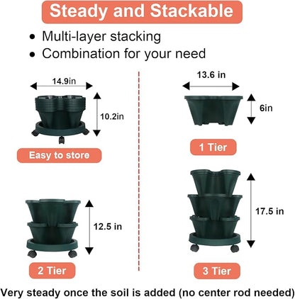 GameXcel Vertical Planter Tower - 3 Tier Stackable Garden Planters with Wheels and Tools Plant Pots for Strawberry Herb Flower and Vegetable Indoor Outdoor Use Green