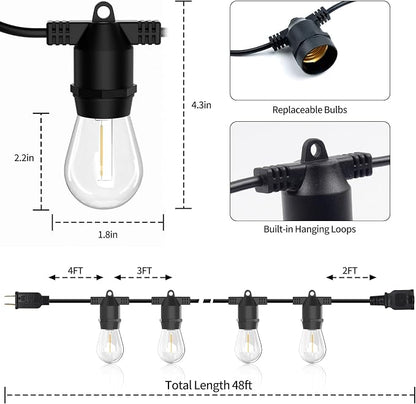 S14 LED Outdoor String Lights, IP65 Waterproof 48FT Outside Patio Lights, Edison Shatterproof Bulb Vintage Backyard Lights, Balcony, Deck, Garden Lights