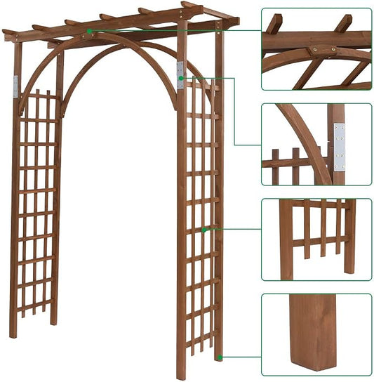 Outvita 7Ft Dark Brown Wooden Garden Arbor Arch Trellis | Heavy duty wood pergola archway for climbing roses vines, perfect for patio lawn courtyard wedding ceremony decor