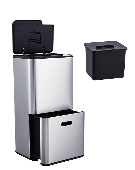 GarveeHome 16 Gallon Dual Trash Can for Kitchen, 2 Compartment Stainless Steel Garbage Can, 33L+28L Kitchen Recycling Bin with Compost Caddy, Removable Inner Bucket & Odor Control, Silver