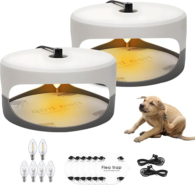 2 Pack Flea Traps for Inside Your Home, Home Flea Killer with 6 Sticky Pads & 6 Bulbs, Bed Bug Trap Pest Control, Non-Toxic & Natural Insect Infestation Treatment Trap for Pets & Kids