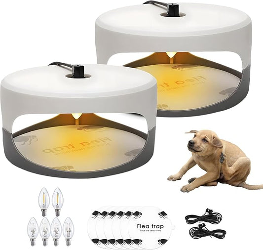 2 Pack Flea Traps for Inside Your Home, Home Flea Killer with 6 Sticky Pads & 6 Bulbs, Bed Bug Trap Pest Control, Non-Toxic & Natural Insect Infestation Treatment Trap for Pets & Kids