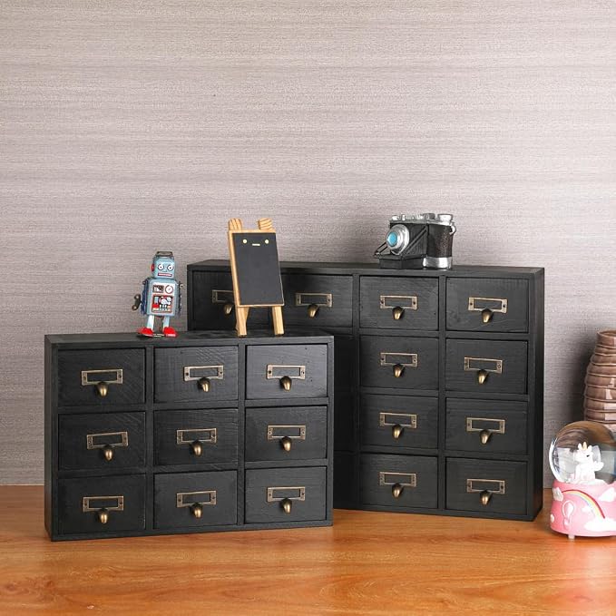 Apothecary Drawers Apothecary Cabinet with Drawers, Black | 16 Drawer Library Card Catalog, Wooden Storage Box, Wooden Desktop Organizer with Metal Handles-Fulled Assembled