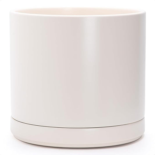 D'vine Dev 14 Inch Ceramic Planter Pot, Oatmeal, 94-O-G-8 | Modern Cylinder Design, Drainage Hole & Saucer Included, Stable Structure, Elegant Home Accent