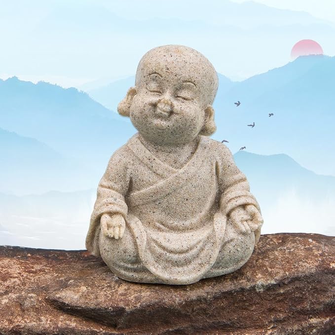 ZORZA 2Pcs Cute Mini Resin Monk Zen Buddha Statue Bring Peaceful Energy | Sandstone-Style Finish,Small Decorative Reminder to Smile Meditation,Symbol of Joy Good Luck,for Desk Garden Aquarium