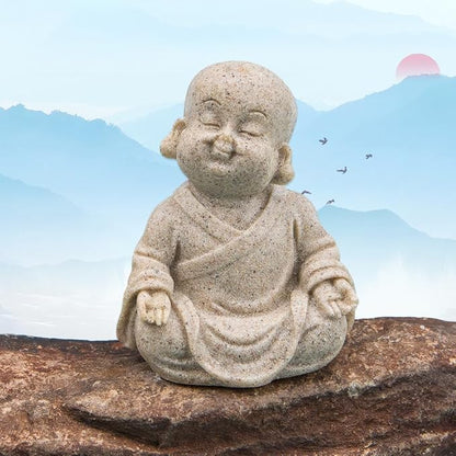 ZORZA 2Pcs Cute Mini Resin Monk Zen Buddha Statue Bring Peaceful Energy | Sandstone-Style Finish,Small Decorative Reminder to Smile Meditation,Symbol of Joy Good Luck,for Desk Garden Aquarium