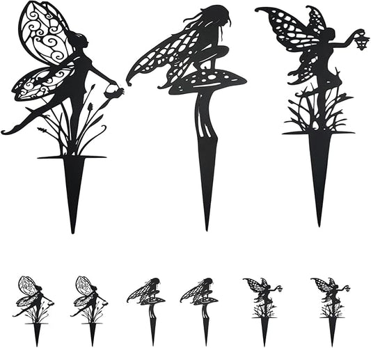 Decorative Garden Stakes， Fairy Garden Stakes, Butterfly Fairy Stakes for Weather Resistant Black Metal Outdoor Decorative Art for Women Gift (Matte Black, 9P-A)