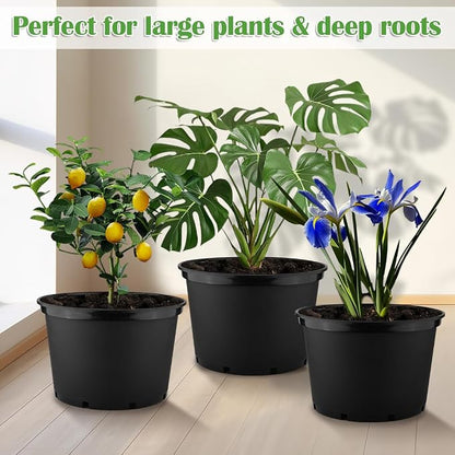 RooTrimmer 10 Gallon Plastic Nursery Pots, 16 Inch Round Plant Pots with Drainage Holes, 5 Pack Large Garden Flower Pots for Outdoor Indoor Plants, Gardening Gifts for Women, Black