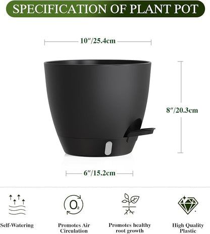Self Watering Pots with Drainage Holes, 2 Pack 10 Inch Plant Pots with Water Level Indicator Deep Reservoir, Large Plastic Planter for Indoor Outdoor Plants - Black