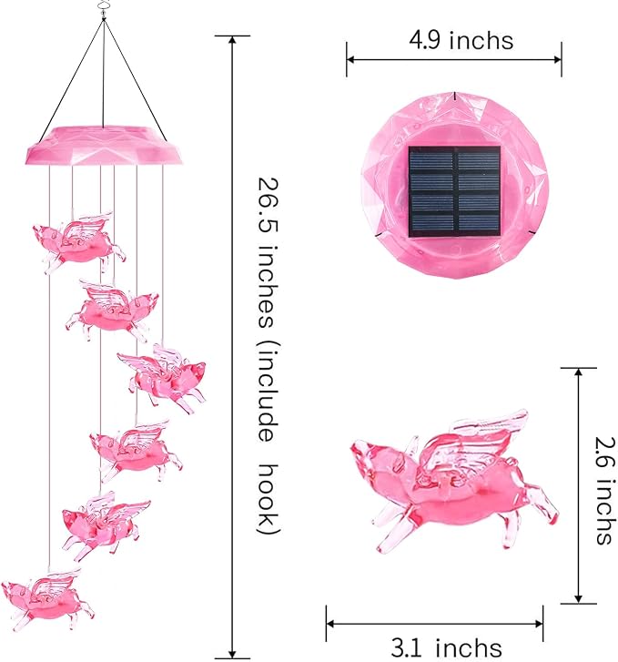 Solar Wind Chimes for Outside- Pig Wind Chimes Pink, | 7 Colors Changing Outdoor, Best Gifts for Mom Grandma Women Wife Aunt Sister, Hanging Wind Chime for Home Garden Yard Decor