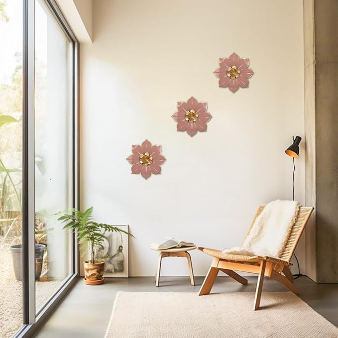 Metal Flowers Wall Decor Set of 3, Pink Metal Flower Wall Art Decor for Inoor & Outdoor Use, 3D Vintage & Modern Pink Walls Arts for Bathroom, Living Room, Bedroom, Garden, Patio, Porch, Office, 10"
