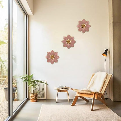 Metal Flowers Wall Decor Set of 3, Pink Metal Flower Wall Art Decor for Inoor & Outdoor Use, 3D Vintage & Modern Pink Walls Arts for Bathroom, Living Room, Bedroom, Garden, Patio, Porch, Office, 10"