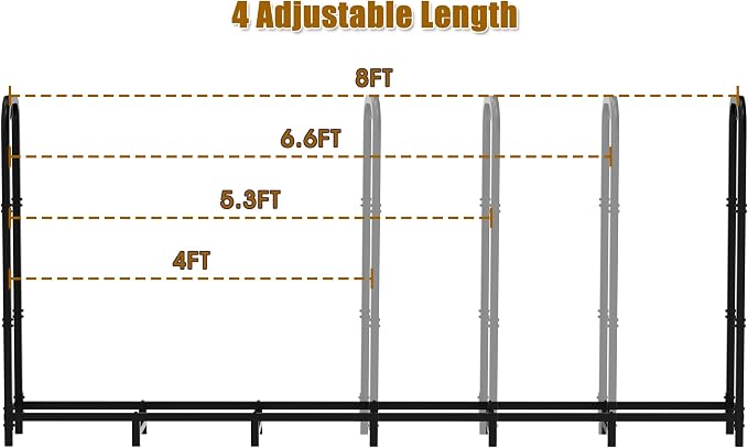 Gtongoko 8ft Heavy Duty Metal Firewood Rack Outdoor Indoor Adjustable Fire Wood Holder Rack for Fireplace, Log Racks for Firewood Outdoor, Wood Pile Storage Organizer, Black