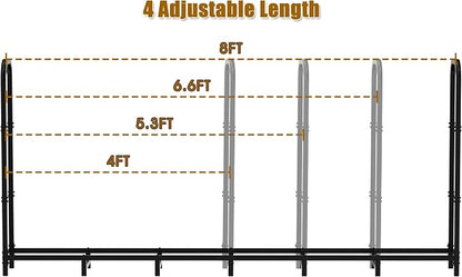 Gtongoko 8ft Heavy Duty Metal Firewood Rack Outdoor Indoor Adjustable Fire Wood Holder Rack for Fireplace, Log Racks for Firewood Outdoor, Wood Pile Storage Organizer, Black