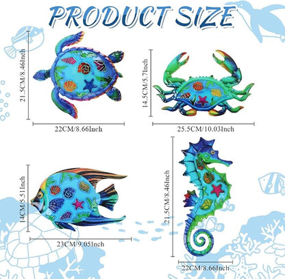 VEWOSTAR Metal Ocean Wall Art Decor Outdoor - Themed Metal Wall Sculpture Set of 4, Beach House Decor for Bathroom, Coastal Patio, Garden Fence, Pool Wall Art, Nautical Outdoor Decor Gift