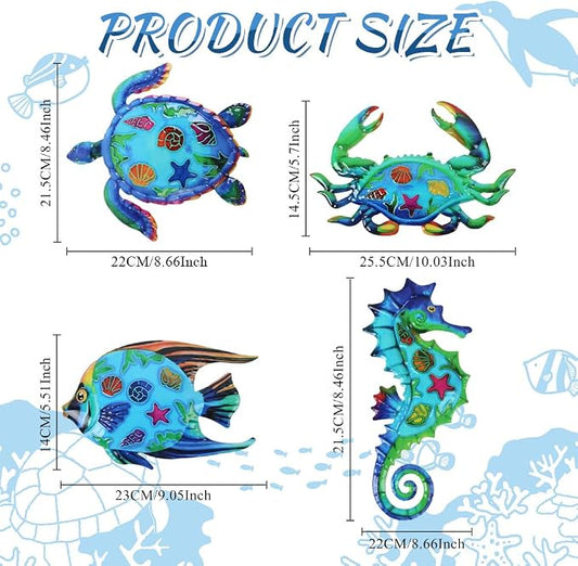 VEWOSTAR Metal Ocean Wall Art Decor Outdoor - Themed Metal Wall Sculpture Set of 4, Beach House Decor for Bathroom, Coastal Patio, Garden Fence, Pool Wall Art, Nautical Outdoor Decor Gift