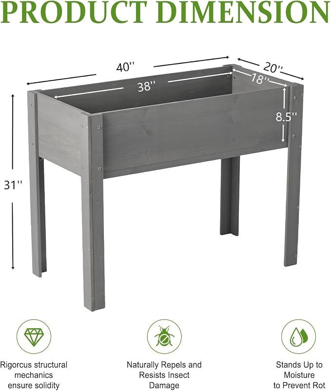 Raised Garden Bed with Legs, 40x20x31 in Planter Boxes Outdoor, Elevated Wooden Planter Box Standing Growing Bed for Gardening, Backyard, Patio and Balcony (Grey, 40x20x31)