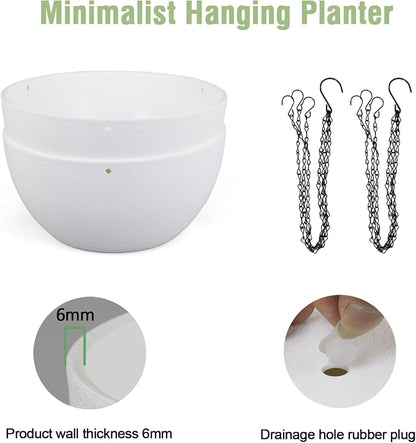 Meowell 8 inch Small Hanging Planters for Indoor Outdoor Plants, 2 Pack Hanging Flower Pots with Drainage Holes and Chain for Garden Porch, Plastic Hanging Baskets for House Plants, White