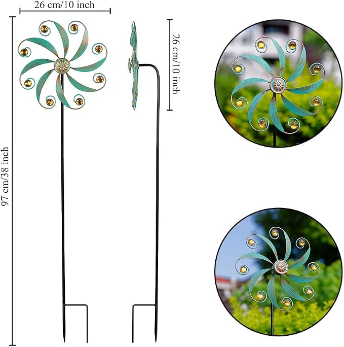 Stargarden 2Pack Wind Spinner, Metal Outdoor Wind Sculptures & Spinners | Small Garden Pinwheels for Yard and Garden Decor,Green