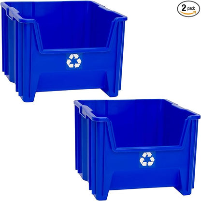 READYSPACE Commercial Industrial Heavy Duty Stackable Open-Front Recycling Bin Box Containers, 12 Gallon, 2 Pack, Blue