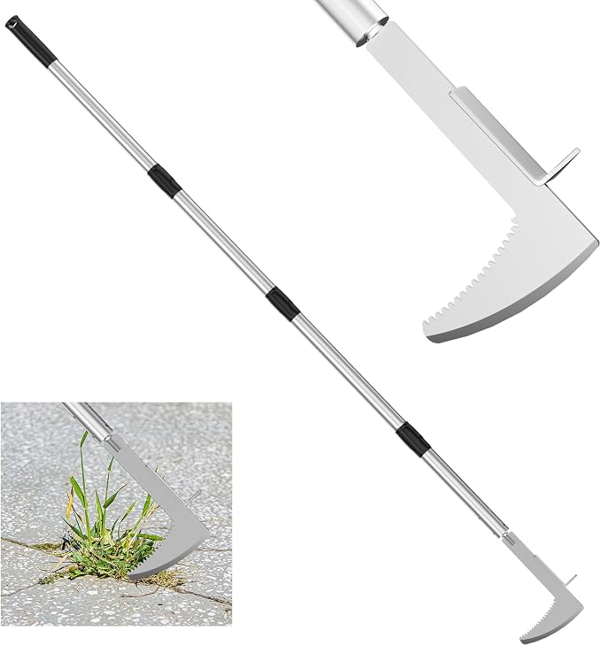 Crack Weeder Crevice Weeding Tool with 22'' to 64'' Adjustable Long Handle | Stainless Steel, L-Shaped Manual Weed Puller Spatula, Weed Remover Gardening Tool for Sidewalks Driveways Patio Pavers Rocks