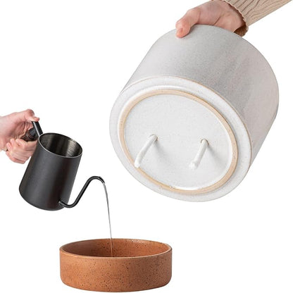 8 Inch Ceramic Self Watering Planter with Drainage Hole, Grey | Indoor Plant Pot with Water Storage Plus - for African Violet, Herbs & Pothos - Home & Office Decor, Cylinder Round