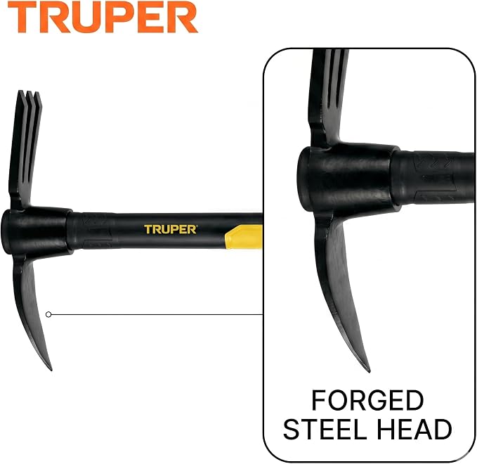 Truper Rapid Tiller, Digger Cultivator, 14-Inch Fiberglass Handle with Comfort Grip, Forged Steel Dual-Head Digging and Aerating Tool (Model RATI-F / 32739)