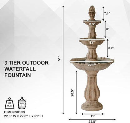 XBrand 51" 3-Tier Outdoor Freestanding Waterfall Fountain with Pump and Pineapple Finial, Beige
