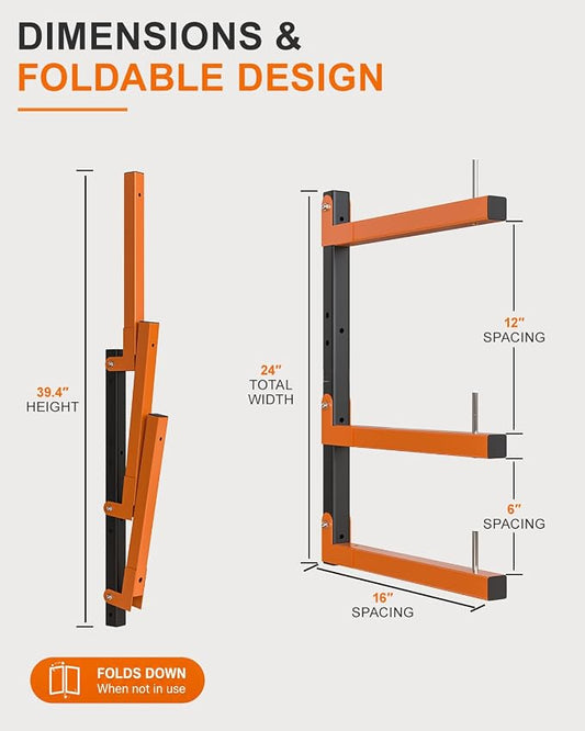 Lumber Storage Rack Wall-Mounted Lumber Racks Heavy Duty Wood Storage Rack with 9-Level Holds Up 1080 LB Sturdy Folding Garage Wood Organizer Orange Shelving Metal Shelf for Indoor & Outdoor- 6 Pack