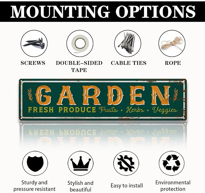 Garden Metal Tin Sign, Fresh Produce Fruits Herbs Veggies, Vintage Farmhouse Outdoor Wall Decor, for Garden Porch Patio Fence Yard, for Gardening Lovers, 15.7 x 3.9 Inches