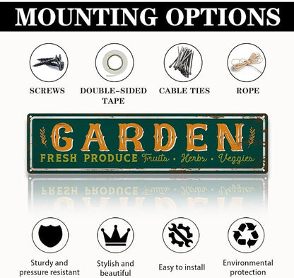 Garden Metal Tin Sign, Fresh Produce Fruits Herbs Veggies, Vintage Farmhouse Outdoor Wall Decor, for Garden Porch Patio Fence Yard, for Gardening Lovers, 15.7 x 3.9 Inches