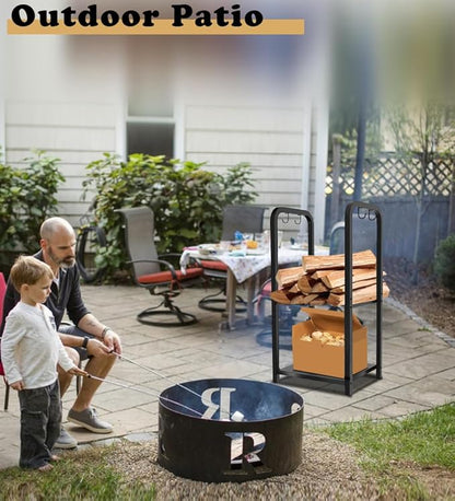 2-Tier Fireplace Firewood Rack Holder for Indoor Outdoor, Small Fire Wood Holder Log Storage Stacker Stand for Patio, Black(Without Wheels)