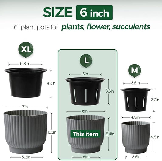 T4U 6 Inch Self Watering Pots for Indoor Plants, 6 Pack Plant Pots, Self Watering Planter for Indoor Plants, Durable Plastic Pots, Flower, Succulents (6 Pack, 6", Gray)