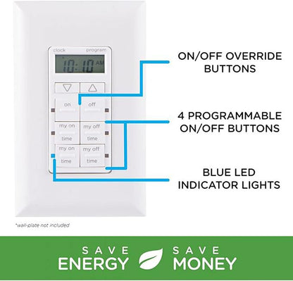 myTouchSmart In-Wall Digital Timer, 4 Programmable On/Off Buttons, 2 Easy On/Off Buttons, 24 Hour Daily Cycles, Blue LED Indicators, with Battery Backup, for Indoor/Outdoor Lights, Fans, 26893