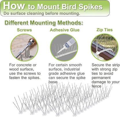 Bird Spikes for Pigeons Small Birds Stainless Steel 200 feet Coverage Outdoor Use Bird Spikes Strips for Fence with 304 Stainless Steel Pins and Plastic Base Flexible Use