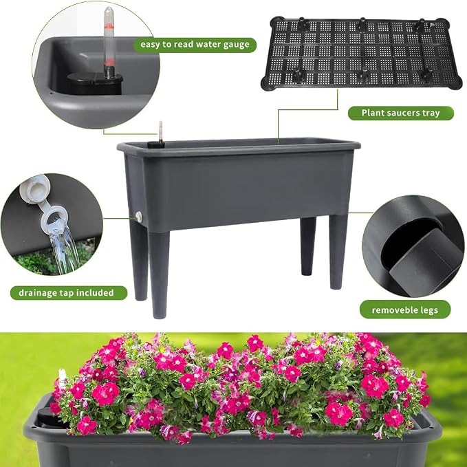 4 Pcs Self Watering Elevated Raised Garden Bed, Large Outdoor Plastic Planter Box Big Flower Plant Pot for Planting Flowers Vegetables and Herbs (4, Dark Grey)