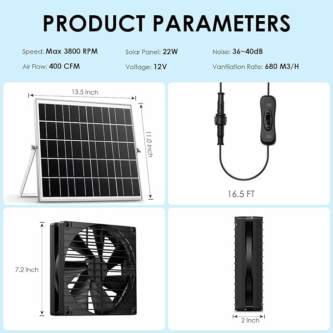 7 Inch Large Airflow Solar Powered Fan Exhaust Vent for Outside Greenhouse Chicken Coop Shed Trailer, IPX7 Waterproof Brushless DC Motor 16.5 Ft On/Off Switch Cable