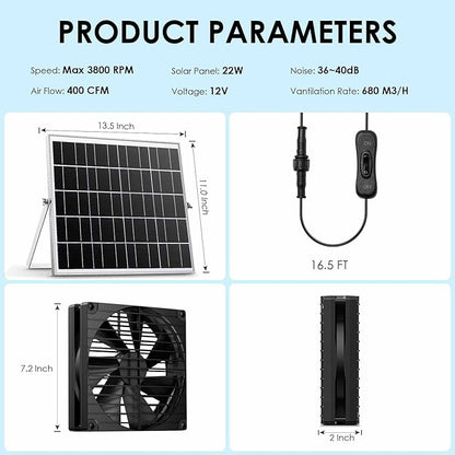 7 Inch Large Airflow Solar Powered Fan Exhaust Vent for Outside Greenhouse Chicken Coop Shed Trailer, IPX7 Waterproof Brushless DC Motor 16.5 Ft On/Off Switch Cable