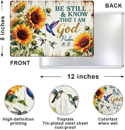 Vintage Sunflower Hummingbirds Biblical Metal Tin Sign Be Still & Know That I Am God Wall Art for Garden Wall Decor