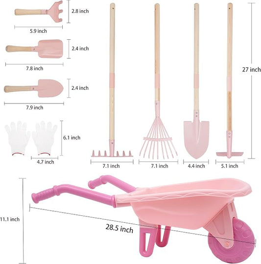 Kids Gardening Set with Wheelbarrow, Metal Kid Gardening Tools Set with Long Handle Tool, Hand Tool & Gloves, Backyard Gardening Tools for Kids Outdoor Play Birthday Gifts