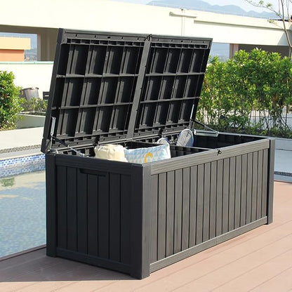 BTEXPERT 150 Gallon Large Resin Deck Box, Outdoor Storage Container with Metal Rods & Partition for Patio Furniture Cushions Garden Tools Equipment Waterproof Lockable UV Resistant