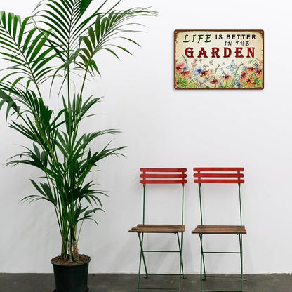 Garden Sign Vintage Gardening Metal Sign Life Is Better In The Garden Rustic Decor Funny Outdoor Gardening Metal Signs Botanical Wall Decorative 8×12 Inch