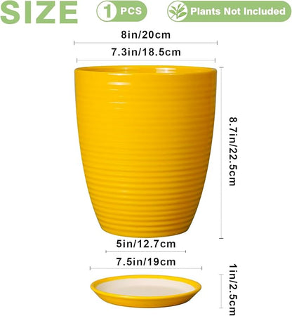 Ceramic Plant Pot - 8 Inch Planter Pot with Drainage Hole and Saucer Round Planter for Indoor Outdoor Plants Flower Pot for Home Patio Garden Office Yellow